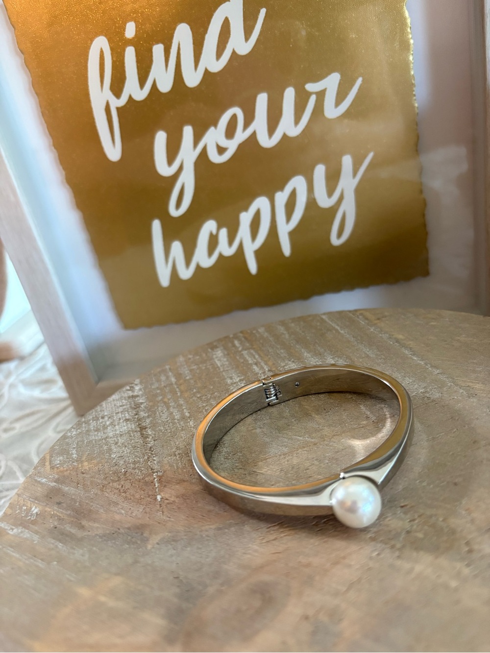 Minimalist Silver Tone Pearl Hinged Bangle Bracelet